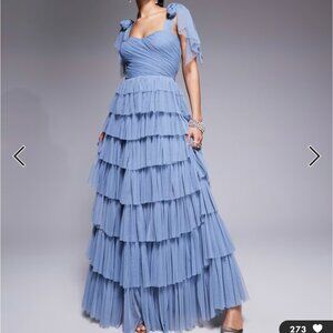 NWT Lace & Beads bow shoulder tiered tulle maxi dress in dusty blue